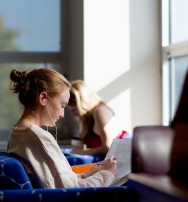 A student works on a paper in a chair in the library, with sun from the windows shining brightly on her