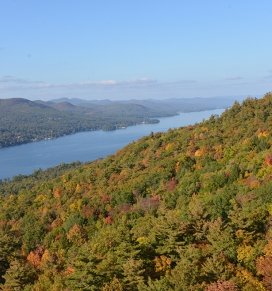 The Adirondacks and northern Lake George are seen during the autumn from a helicopter