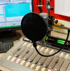 A microphone is seen in the WGFR studio