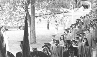 Black and white graduation procession