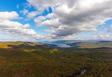Lake George is seen from a helicopter in early fall