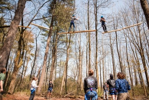 Students on the challenge course doing high elements with students watching from the ground